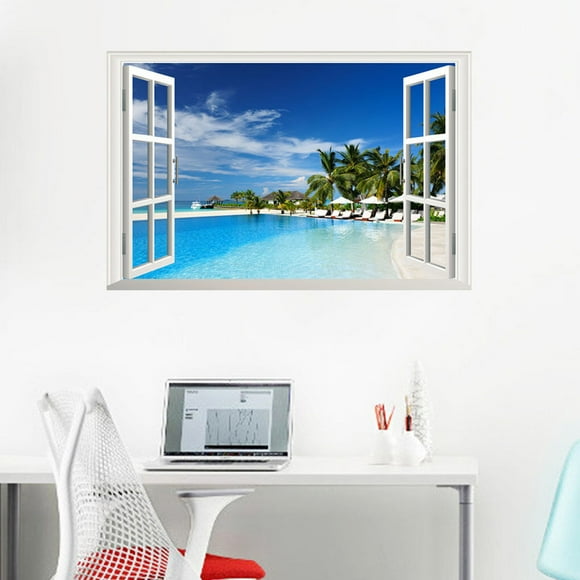 facefd 3D Fake Window Beach Pattern Wallpaper Self cool wallpaper wall wallpaper wall Adhesive Mural Decal Art Wall Sticker Living Room Decor