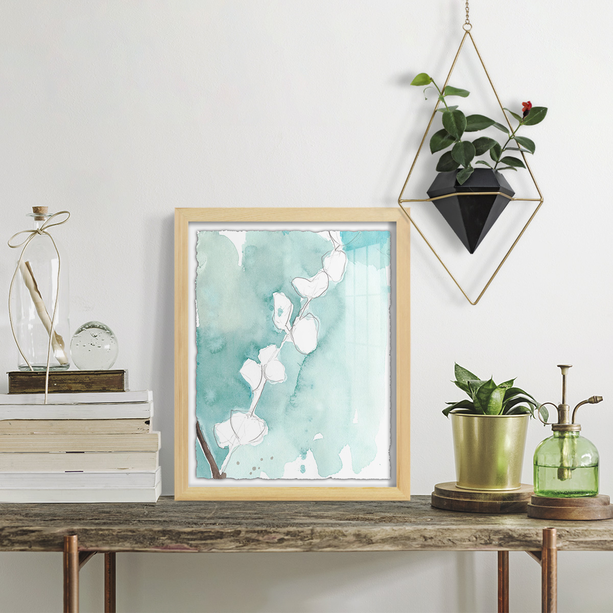 Ginkgo on Dusty Teal V - Framed Print w/glass - Natural Wood