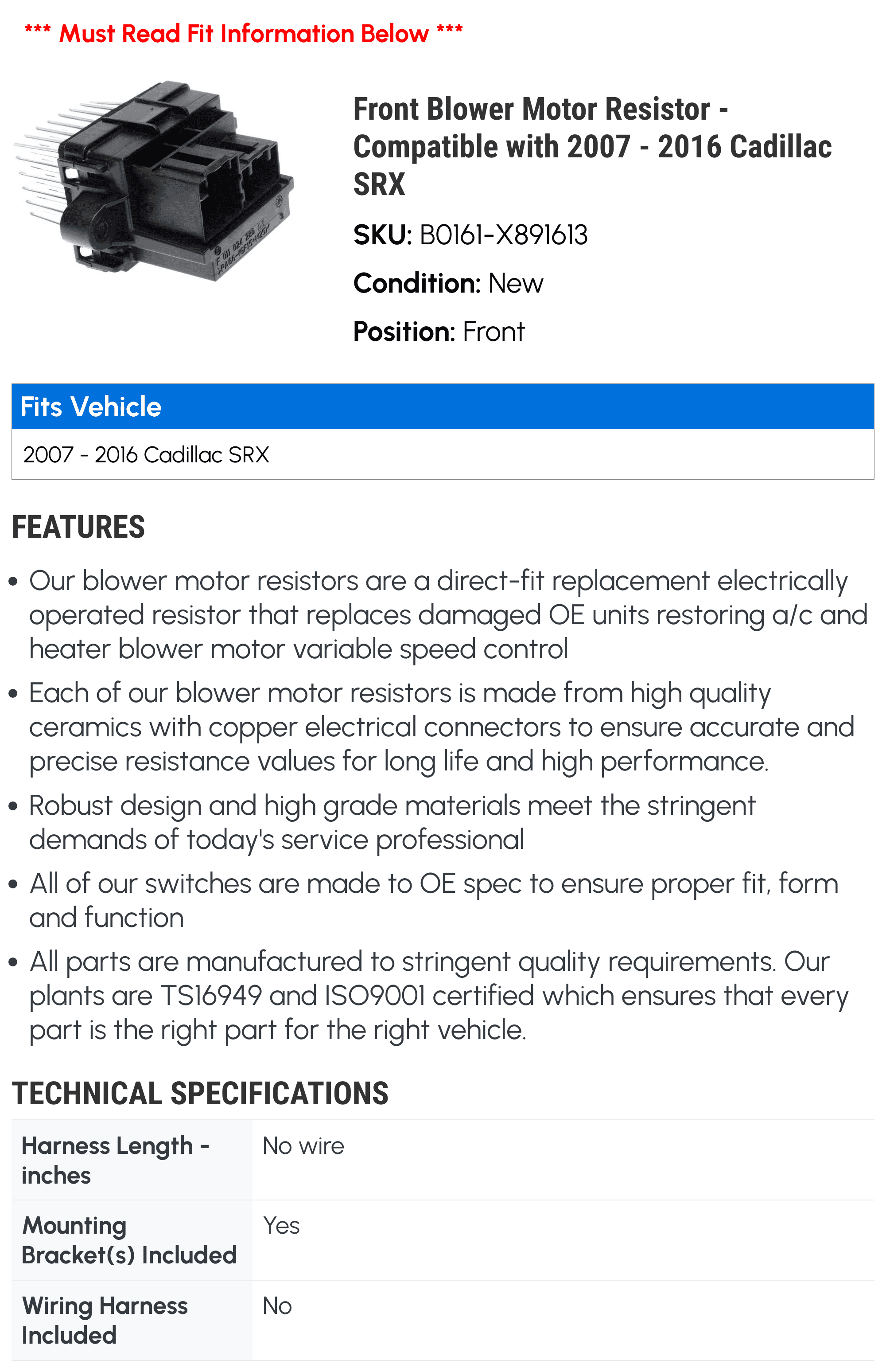 Front Blower Motor Resistor - Compatible with 2007 - 2016 Cadillac SRX 2008 2009 2010 2011 2012 2013 2014 2015