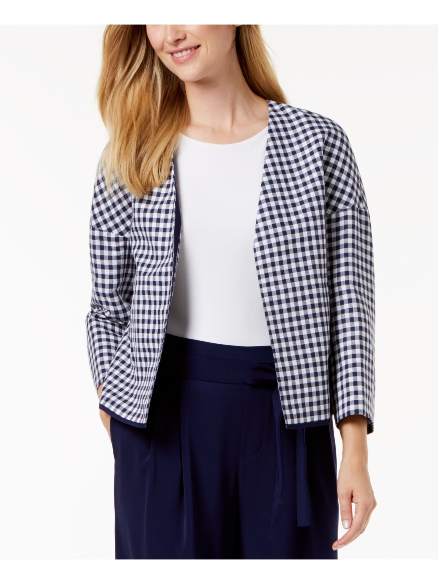 ANNE KLEIN Womens Navy Collarless Open Plaid Blazer Jacket 0