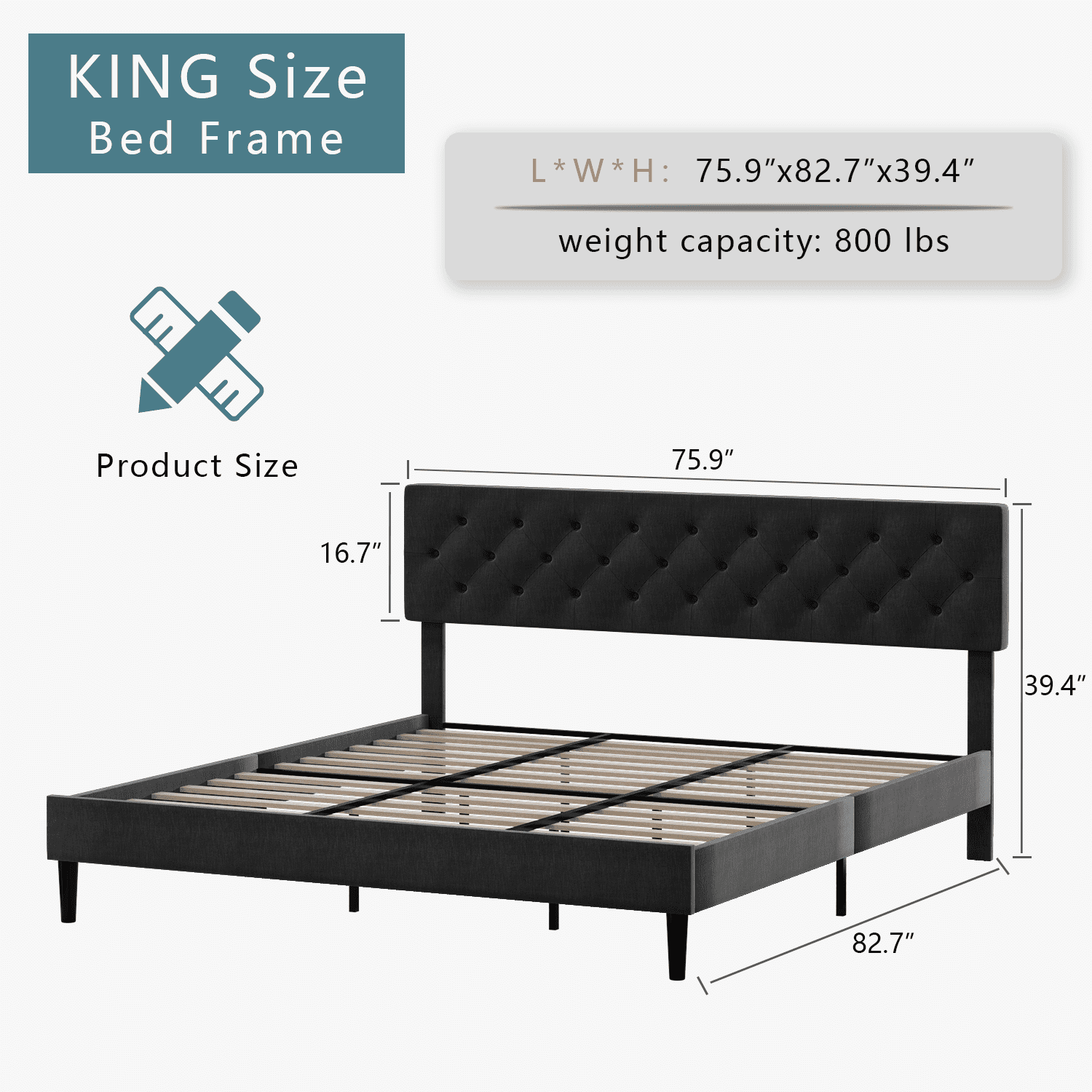 4 Ever Winner King Size Bed Frame, Upholstered Platform Bed with Headboard, Button Tufted Headboard, Dark Gray