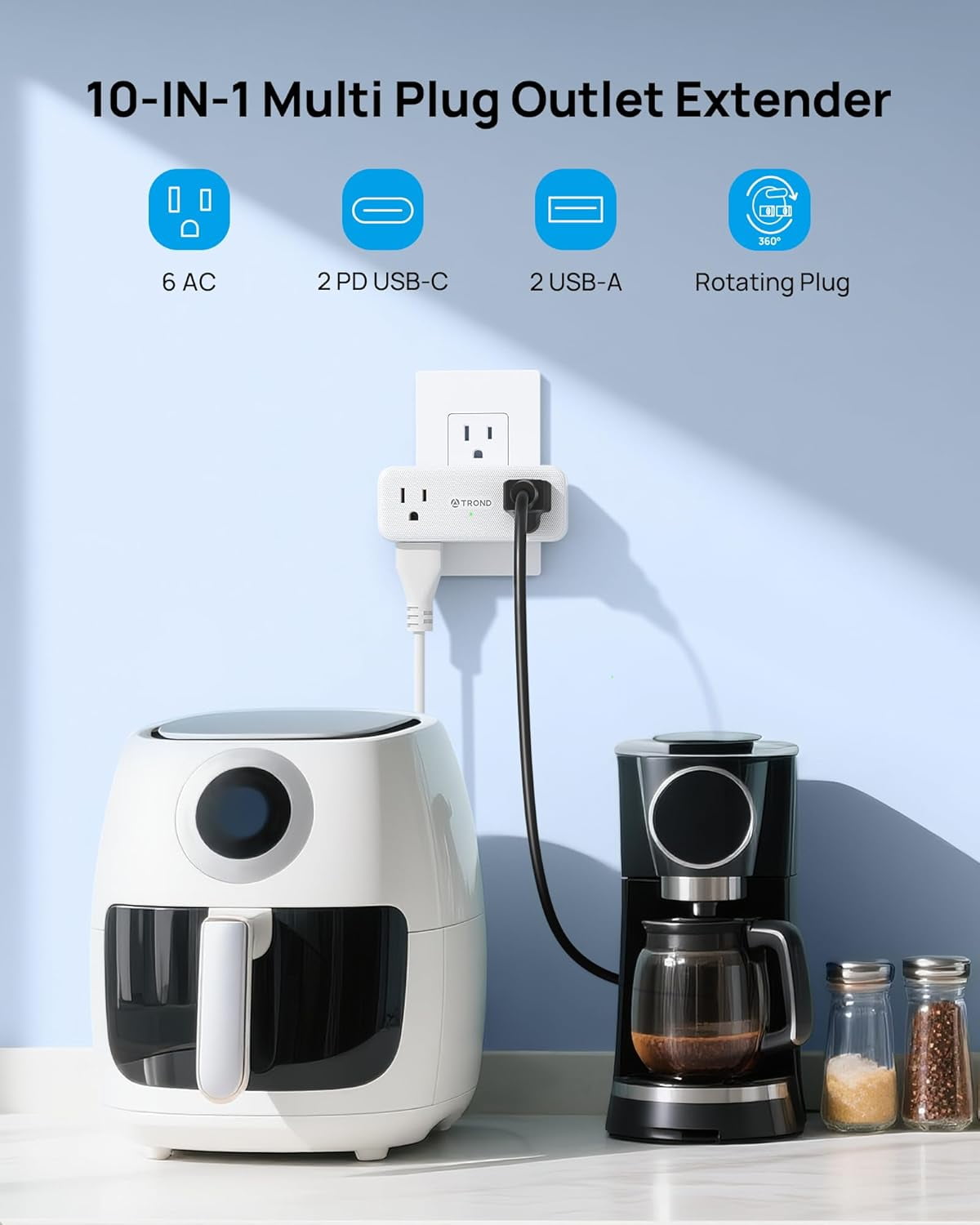 Outlet Extender with 360° Rotating Plug, Multi Plug Adapter with 6AC Sockets and 2 PD 20W USB C Ports, 3 Sided Outlet Splitter Wall Charr Spaced for Kitchen Bathroom Bedroom
