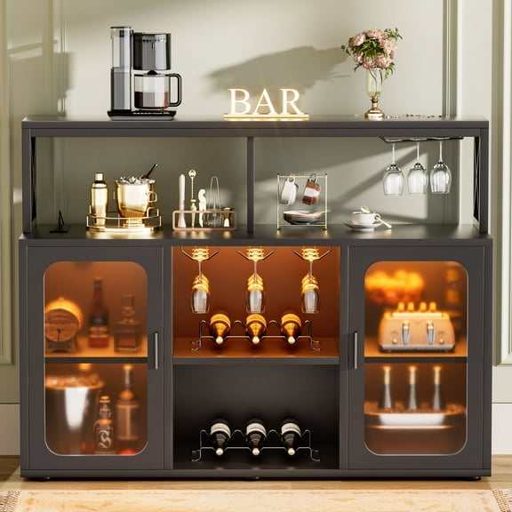 Homieasy Bar Cabinet with Power Outlets, Liquor Cabinet with Led Lights and Glass Holder, Storage Buffet Cabinet Coffee Bar Cabinet for Liquor, Wine Cabinet with Racks, Black