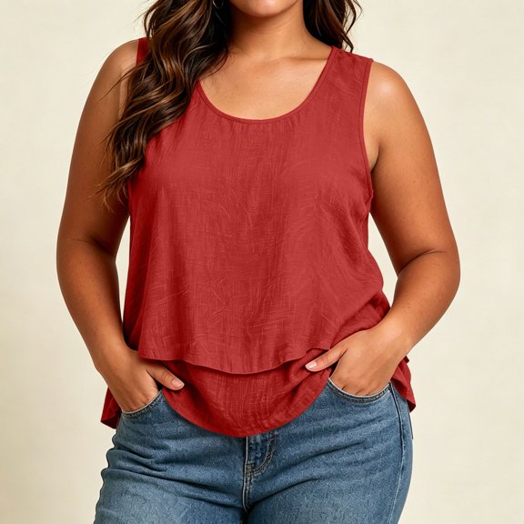 Qulqfy Scoop Neck Tank Tops for Women Solid Plus Size Sleeveless Flowy Knit Beach Casual Dressy Red Summer Graphic Shirts 2XL
