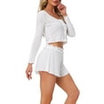thumbnail image 4 of Conjunto de Lounge para Mujeres INSPIRE CHIC, Pijamas de Manga Larga, Camisas de Botón con Pantalones Cortos, Conjuntos de Entrenamiento de 2 Piezas Y2K, M Blanco, 4 of 5