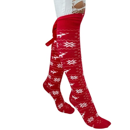 

Women Girl Christmas Knitted Thigh High Socks Snowflake Elk Over The Knee Long Stocking Winter Leg Warmer