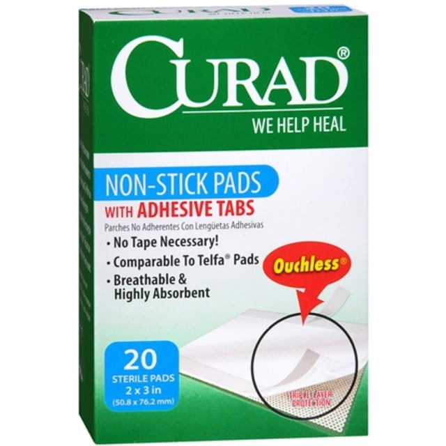 Curad NonStick Pads With Adhesive Tabs 2 Inches X 3 Inches 20 Each