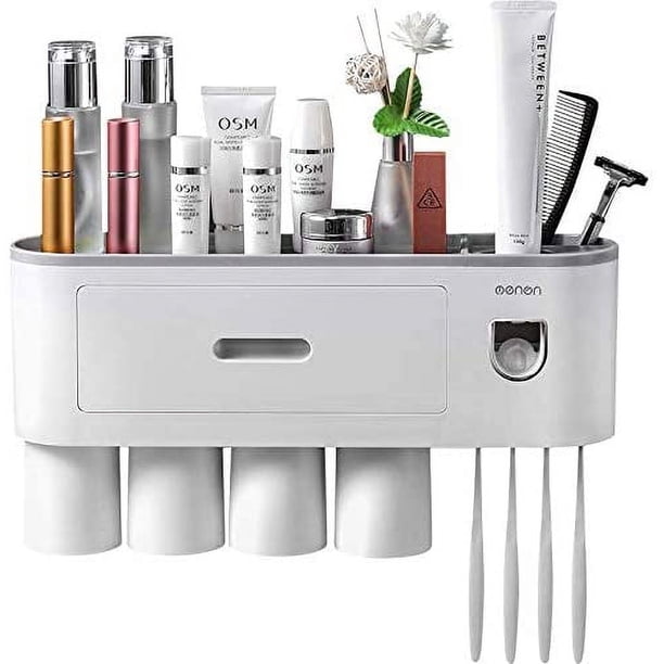 Dispensador automático de pasta de dientes, kit exprimidor montado en la pared con soporte para cepillos de dientes, 4 ranuras para cepillos de dientes, organizador multifunción para cepillos de dient
