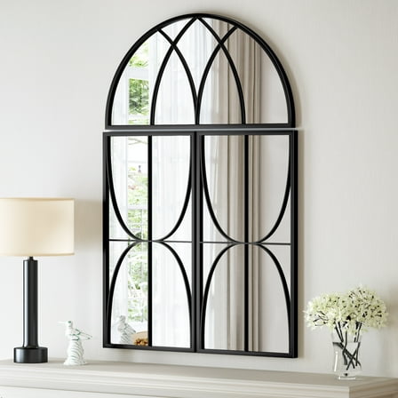 Large Window Wall Mirror Black Decorative Mirror Arched Farmhouse Pane Mirror for Living Room Bedroom Entryway Bathroom Vanity 31.50 x 47.24 Inch