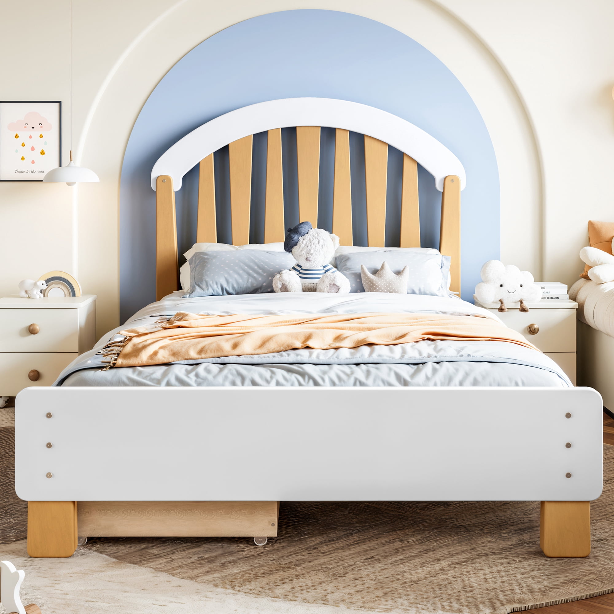 Leumius Twin Size Platformbed Frame with Storage Drawer, Wood Twin Bed Frame with Round Headboard for Bedroom White & Natural