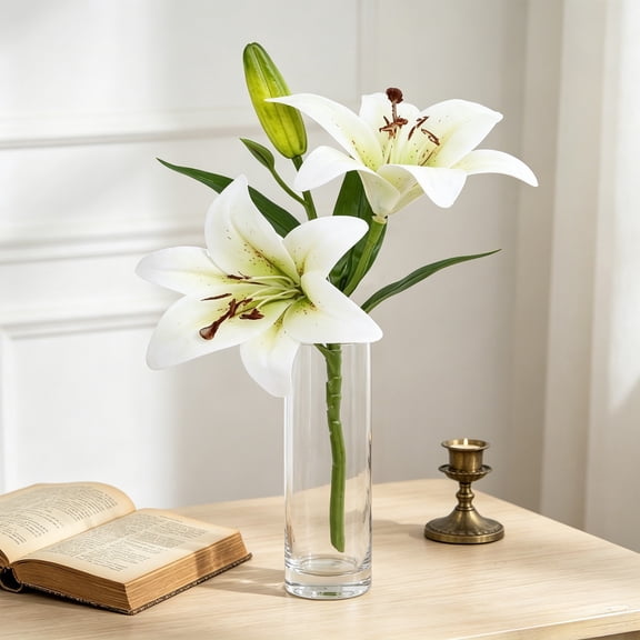 ZZkhGO 2 Pack Artificial Lily Flowers, Lifelike Silk Cloth Realistic Fake Lilies, No Maintenance Faux Flower Arrangement for Home Wedding Party Decor, White