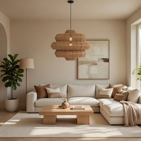 LittleGlovo Handwoven 3-Tier Rattan Chandelier Natural Wicker Pendant Light