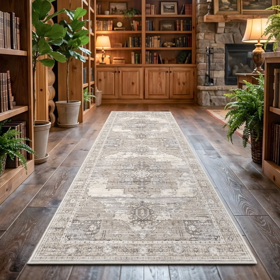 RUUGME Washable 3X8 Runner Rugs - Large Boho Rugs for Living Room Stain Resistant Carpet Vintage Tribal Rugs for Bedroom Kitchen Bathroom Non Slip Backing Home Decor Floor Decoration Mat 3x8 Beige