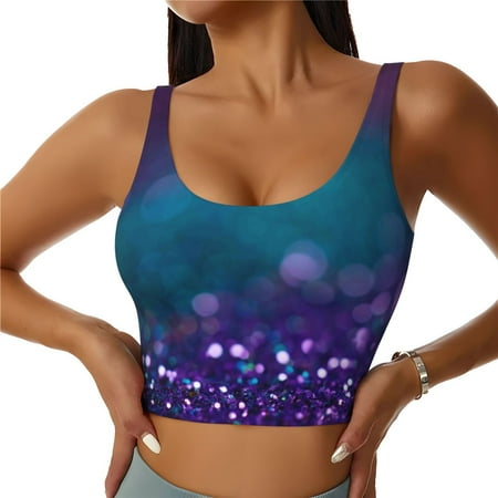 Jgfou Purple and Green Glitter Print Womens Sports Bra - Padded Workout Sports Bras Crop Tank Top