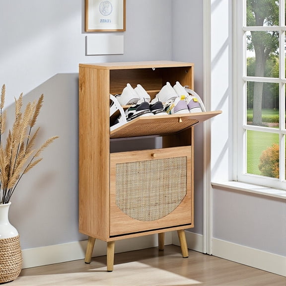Tcbosik 21.26"W Narrow Shoe Cabinet with 2 Flip Drawers - Rattan Front Shoe Storage Organizer, for Entryway, Living Room, Small Spaces (Natural)
