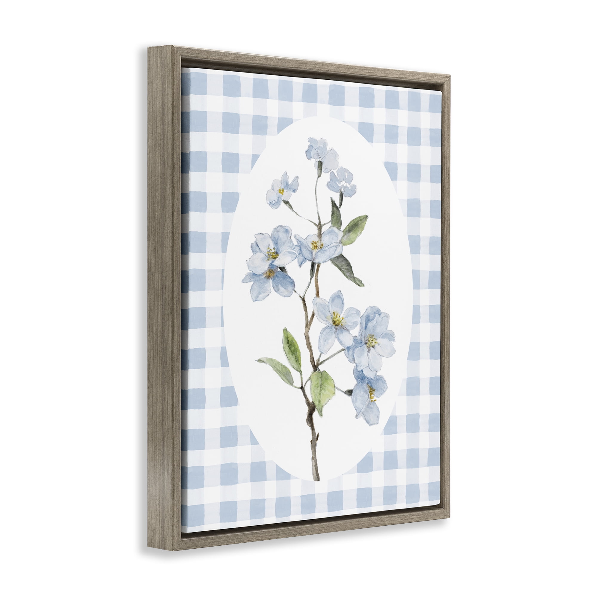 Stupell Industries Blooms on Blue Checkers Brown Framed Floater Canvas Wall Art, design by Lanie Loreth