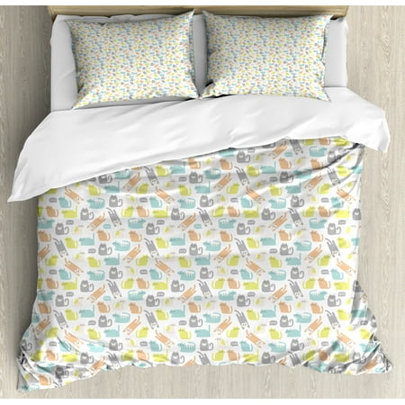 Peach And Green Comforter Baby Duvet Cover Set, Kitty in Soft Toned Kids Nursery Love Cats Childish Happy Cartoon, Decorative Bedding Set with Pillow Shams, Peach Pale Green Blue Grey, by Ambesonne ()
