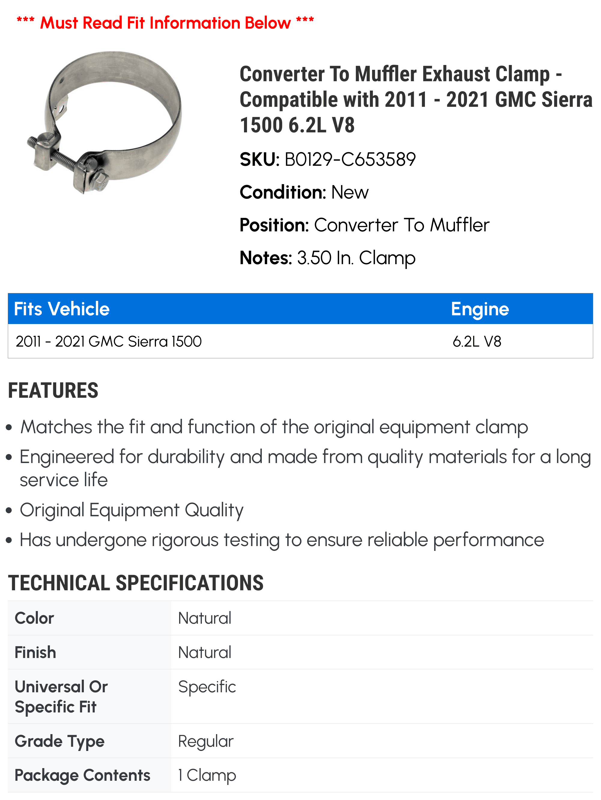 Converter To Muffler Exhaust Clamp - Compatible with 2011 - 2021 GMC Sierra 1500 6.2L V8 - Dorman