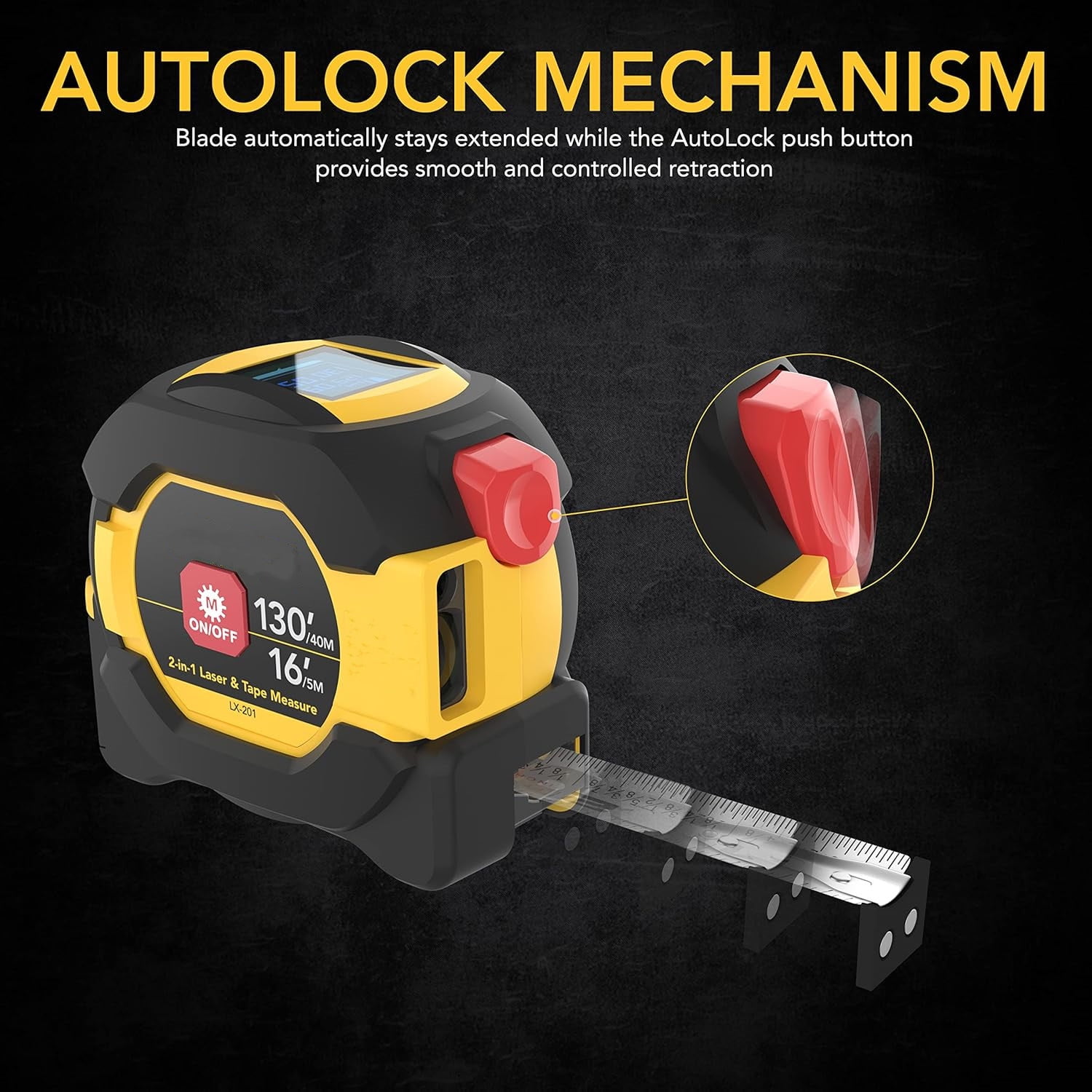 2 in 1 Digital Laser Tape Measure | 130ft/40m Laser Distance Meter Display On Backlit LCD Screen with 16ft/5m AutoLock Measuring Tape | Ft/Inch/Fractions/M/mm