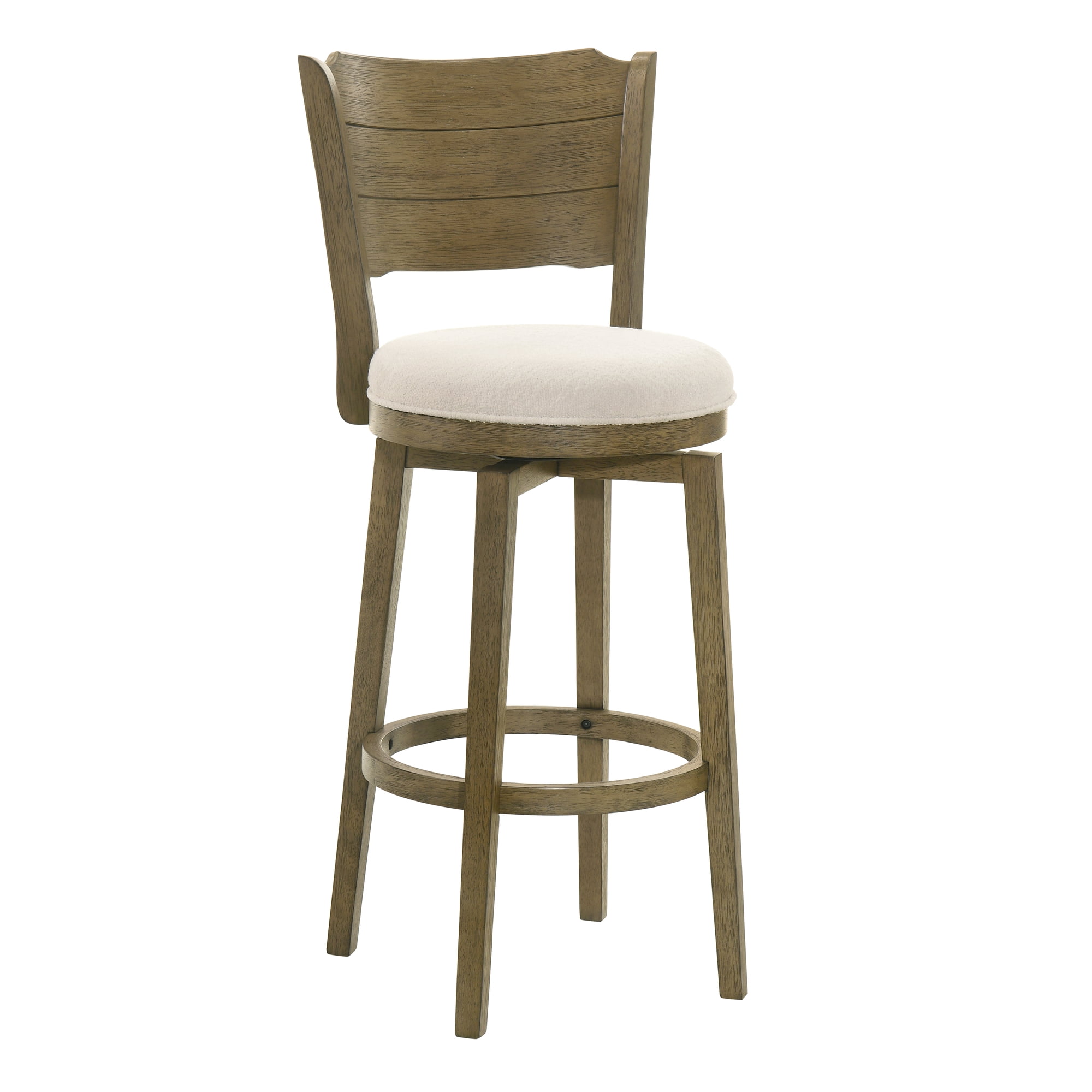 Winsley Coastal Modern Swivel Wood Bar Height Kitchen Bar Stool in Putty Brown Finish with White Boucle Fabric Upholstered Seat - Set of 4