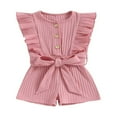 thumbnail image 1 of Toddler Baby Girl Clothes Rompers Ribbed Ruffle Sleeveless Button Belted Romper Short Jumpsuit Summer Outfit Brick Red 12-18 Months, 1 of 7