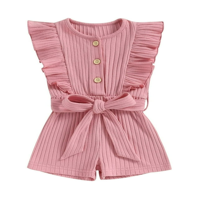 Toddler Baby Girl Clothes Rompers Ribbed Ruffle Sleeveless Button Belted Romper Short Jumpsuit Summer Outfit Brick Red 12-18 Months