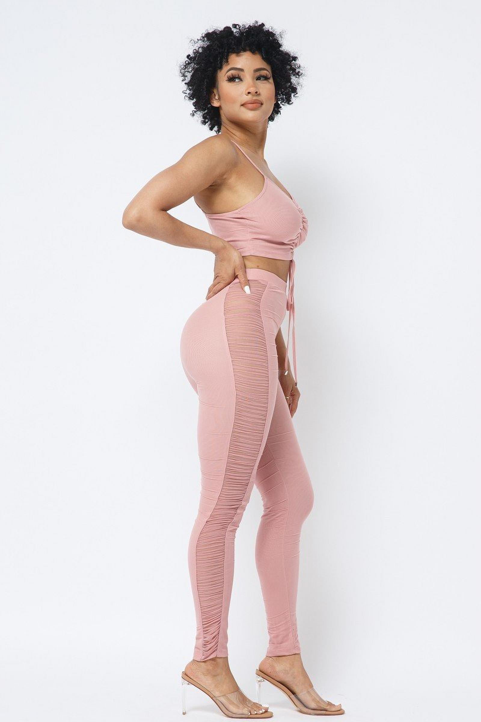 Mesh Strappy Adjustable Ruched Crop Top With Matching See Through Side  Panel Leggings L