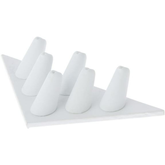 Plymor White Faux Leather Ring Finger Display, Six on Triangular Base, 7" W x 3.25" D x 1.5" H