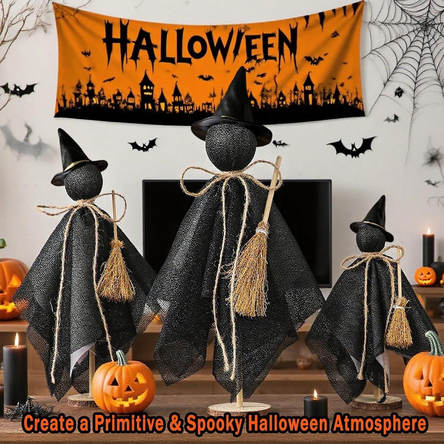 Primitive Halloween Ghost Set with Wizard Hats on Wooden Stands for Rustic Home Decor