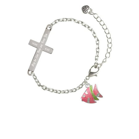Keeping Tropical Fish - Silvertone Hot Pink Tropical Fish with Lime Green Stripe - Bless and Keep You - Cross Bracelet