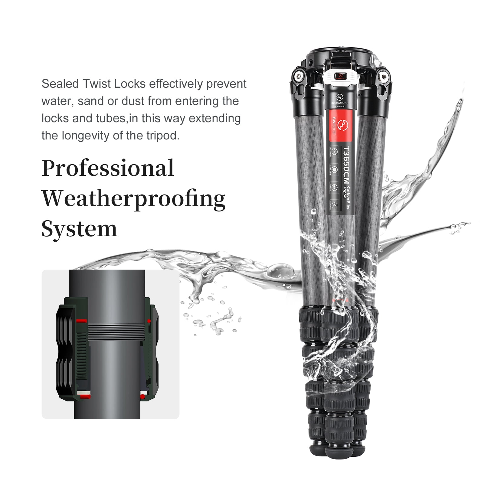 SUNWAYFOTO T3650CM Fiber Tripod for Video Camera Photography Weight Outdoor Tripod Waterproof,55.0lb Load