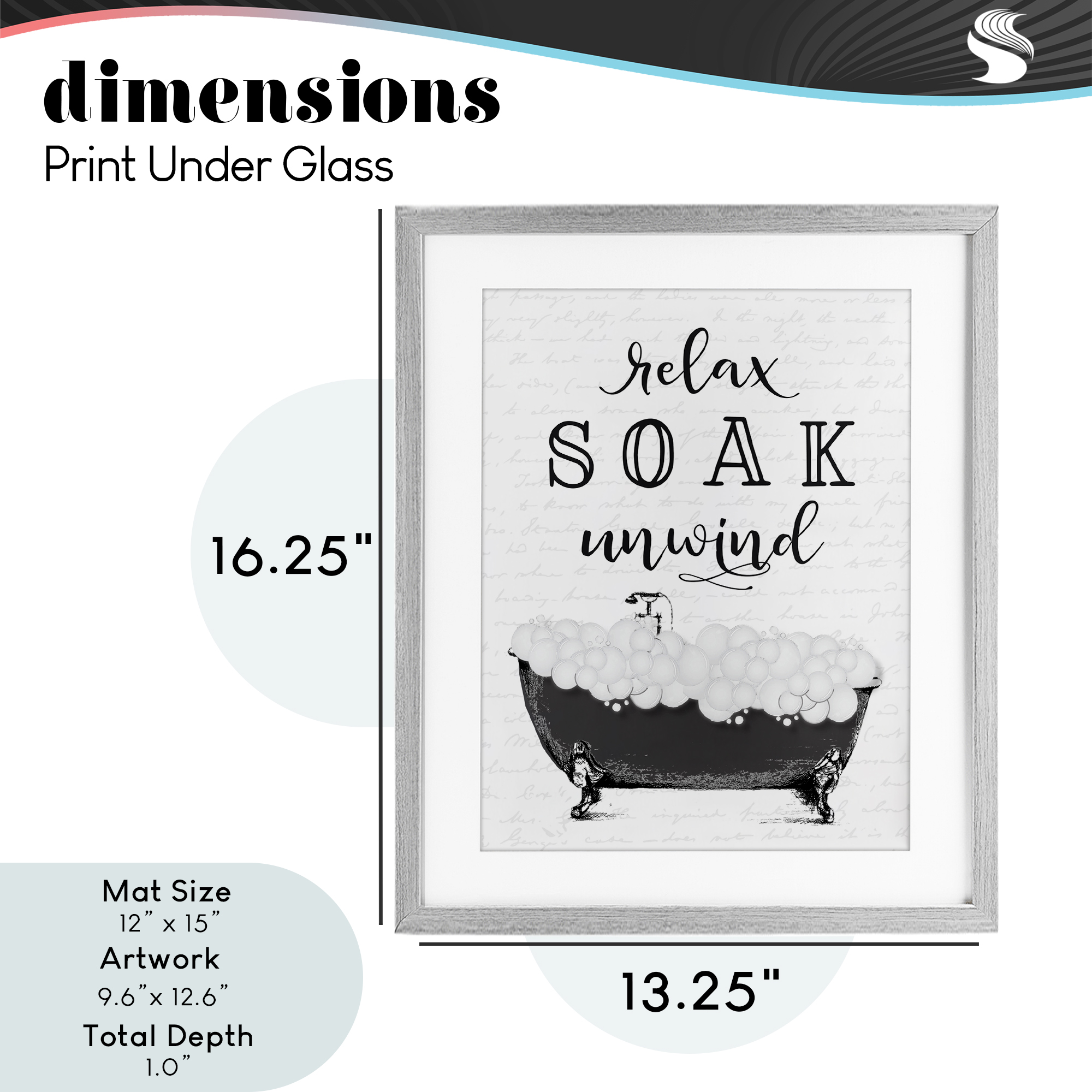 Soak Unwind Bubble Bath Gray Framed Print Under Glass, design by Lettered and Lined