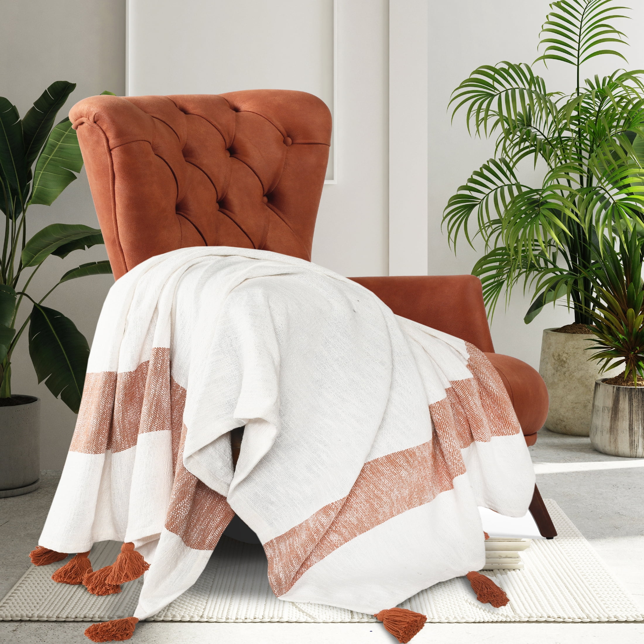 Ox Bay Orange Coastal Striped Adult Cotton Throw Blanket, 50" x 60"