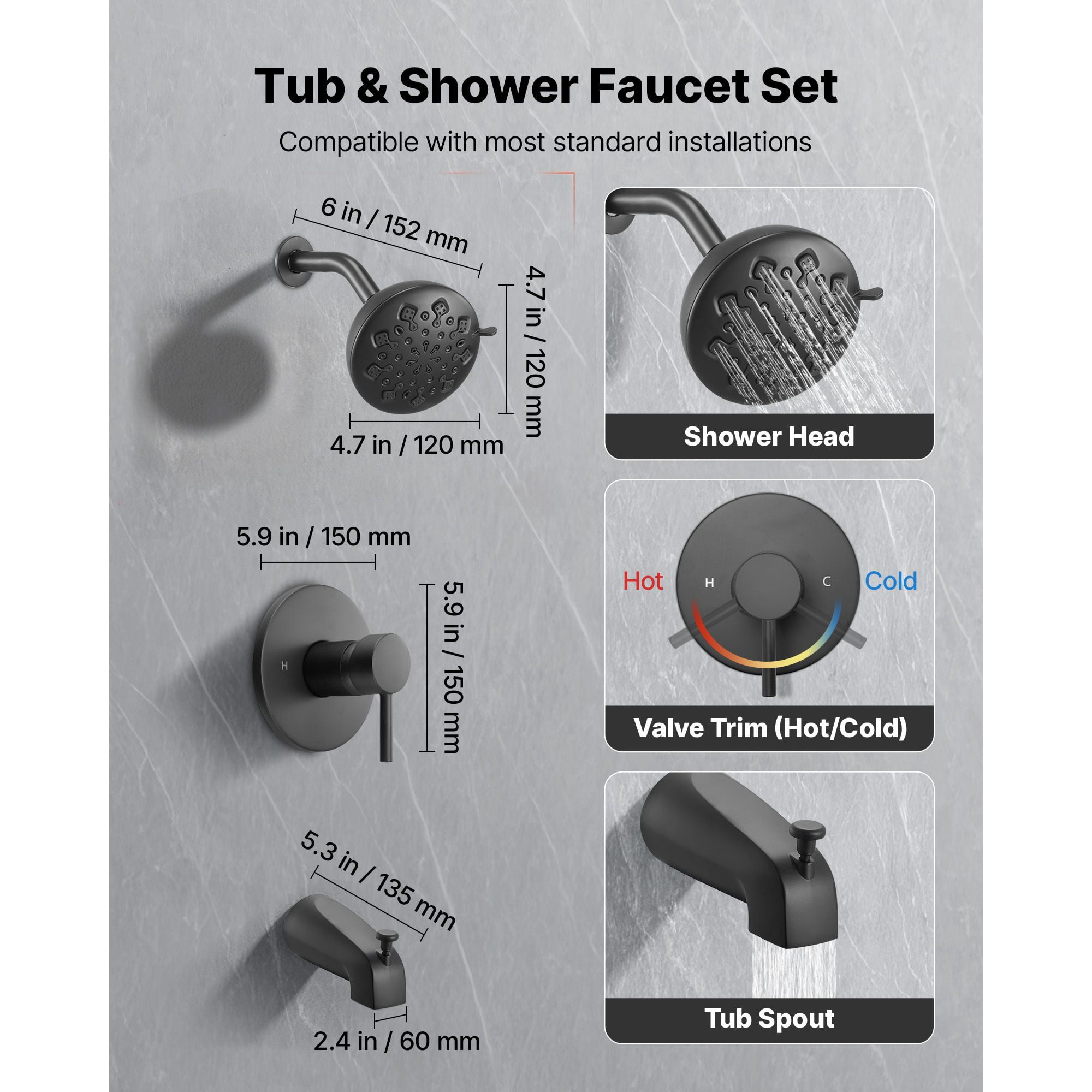 Tub and Shower Faucet Set 4-Piece Pressure Balancing Valve 9 Shower Modes Matte Black for Bathroom