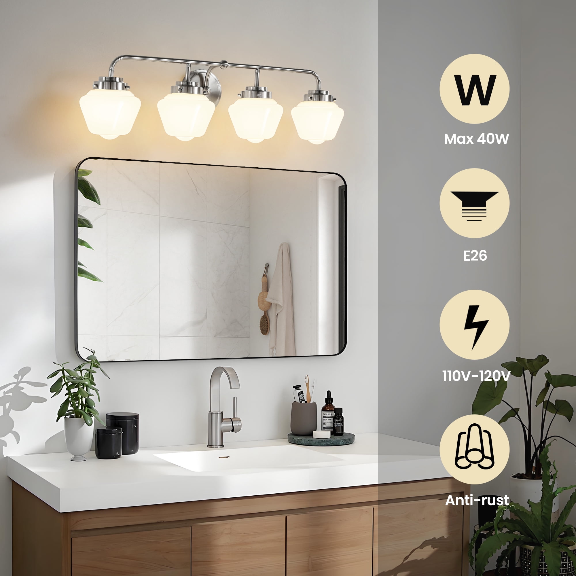 Bathroom Vanity Light Fixtures 4-Lights Brushed Nickel Vanity Lights Over Mirror, E26 40W Modern Bathroom Lighting Fixture with Milky White Glass for Bath Restroom