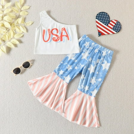 

Virmaxy 12Months-5T Girl s Flared Pants 2 Piece Independence Day Striped Stars Alphabet Slouchy Vest Printed Flared Pants Set White 2T
