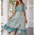 thumbnail image 1 of Vestido Floral Con Cuello En V, Vestido De Verano De Manga Corta Para Mujer, Estilo De Vacaciones, Cuello En V, Vestido Floral, Falda Midi Para Mujer, Azul XL ANGGREK XL Azul, 1 of 6