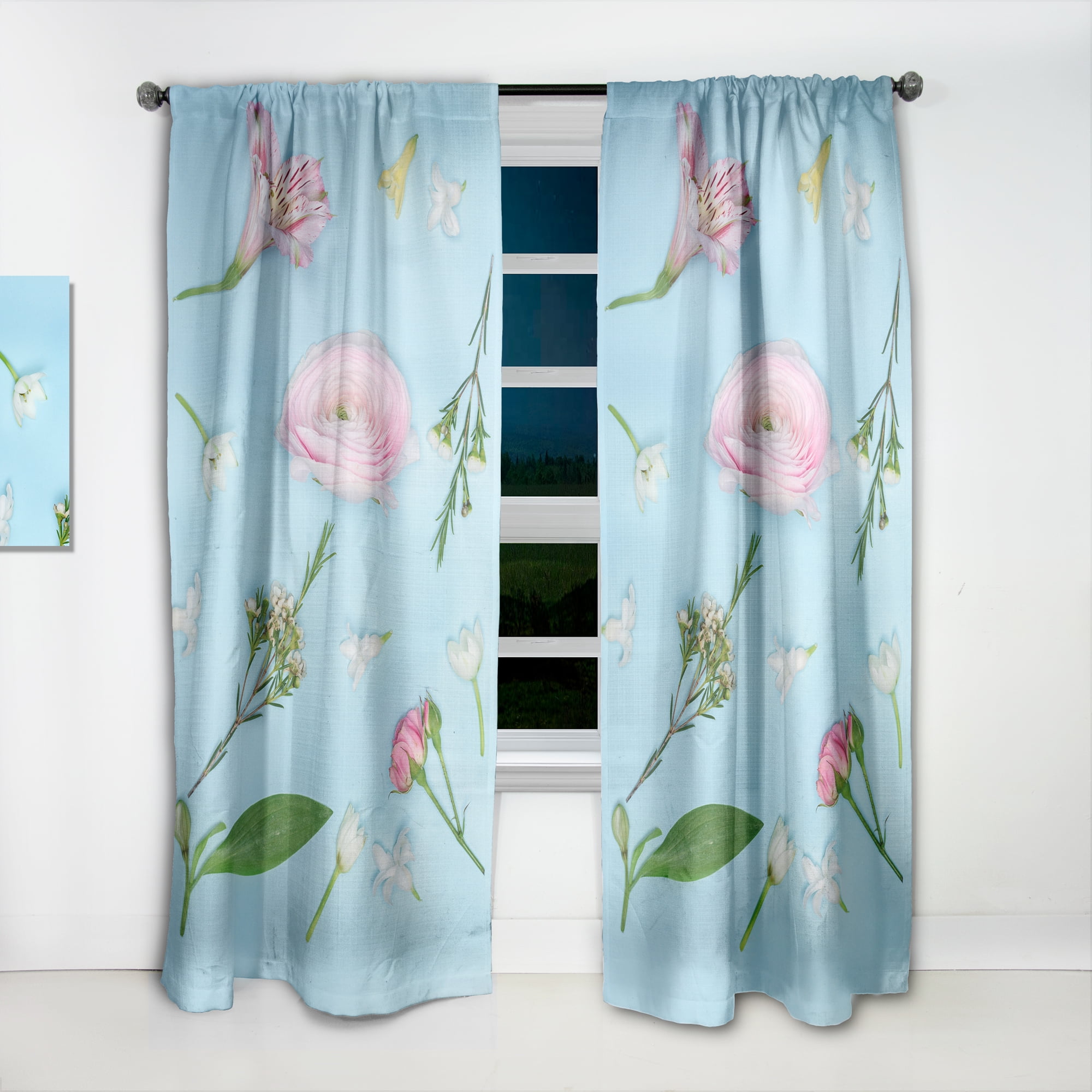 Designart 'Blooming Rose On Blue' Traditional Curtain Panel