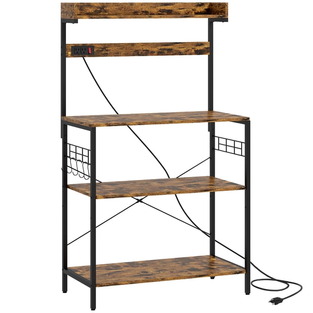 Rustic Brown Kitchen Baker's Rack with Power Outlet & Adjustable Shelves - Coffee Bar Station for Living Room, Dining & Entryway Storage (53.9" H)