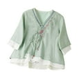 thumbnail image 2 of HongQid Boho Floral Embroidery Cotton Linen Tops for Women Chinese Frog Button 3/4 Sleeve Loose Casual Blouses Shirts, 2 of 5