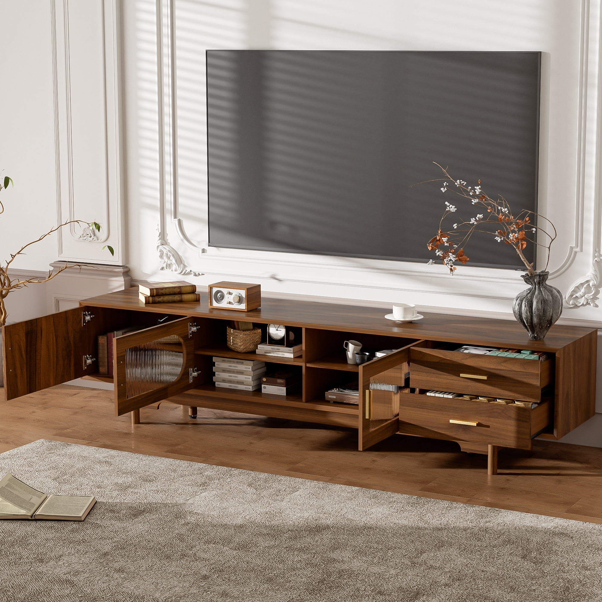 TV Stand for TVs up to 85 Inch, Entertainment Center with Fluted Glass Doors & 2 Drawers, Media Console with Solid Wood Legs for Living Room