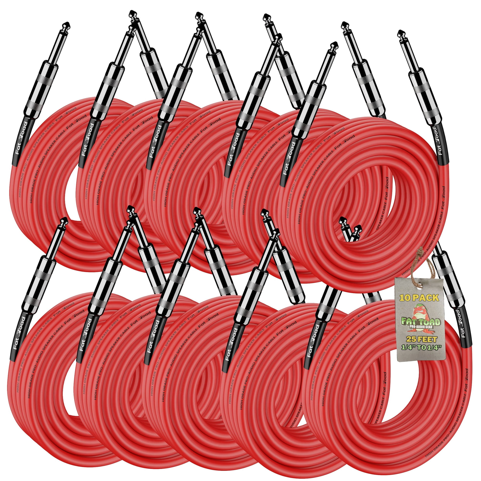 10 PACK - 25FT Speaker Cables by Fat Toad Quarter Inch 12 AWG Gauge Wire for Amp, Music Studio Recording & Stage Gear 1/4" to 1/4 Male Jack Professional Pro Audio Red DJ Speakers PA Patch Cords