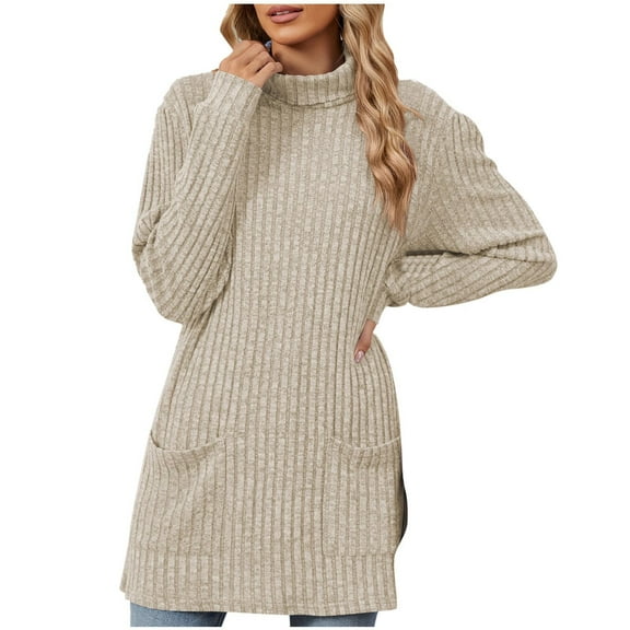 Oplxuo Women's Turtleneck Sweater Dress Loose Fit Long Sleeve Crewneck Tunic Tops Elegant Pullover Knit Mini Dresses