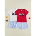 thumbnail image 3 of BemeyourBBs Toddler Baby Boy Back to School Outfit Kids Kindergarten Outfits Baby Boys Summer Clothes Short Sleeve Pencil in Truck Embroidery T Shirt Tops and Elastic Waist Plaid Shorts Set, 3 of 9