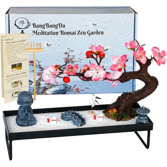 Mini Zen Garden Kit for Desk Tabletop Rock Sand Tray Therapy Kit Office Stress Relief Spiritual Decor Japanese Zen Healing Gifts for Lady Yoga Meditation Accessories with Bonsai Buddha Koli Fish Rake