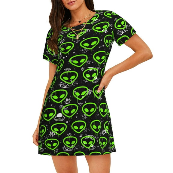 Logiee Monster Neon Head Print Nightgowns for Women,Soft Short-Sleeved Lightweight Sleepwear, Loose Sleepshirts
