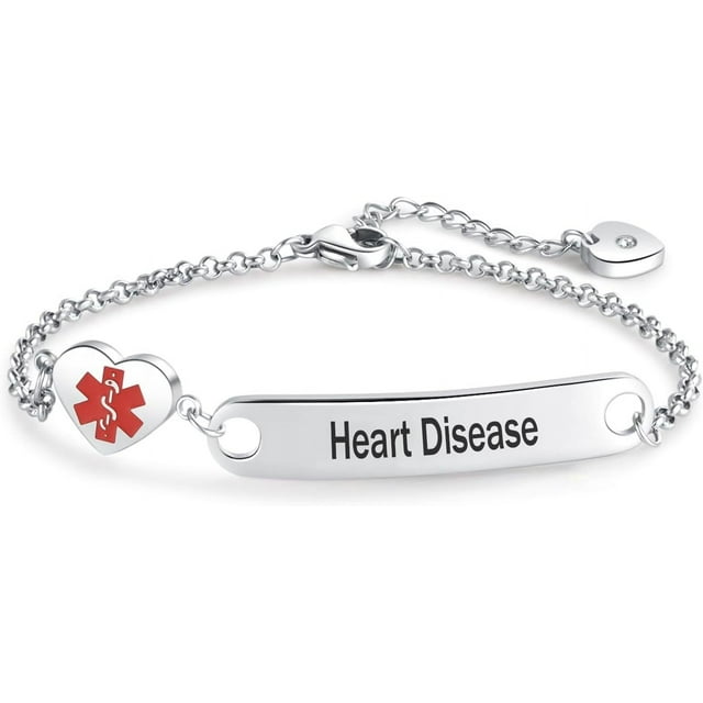 HSHDLDF Bracelet d'Alerte Médicale Cœur pour Femmes, Premiers Soins d'Urgence, Alerte Santé, Bracelet Gravé en Acier Inoxydable avec Chaîne Ajustable