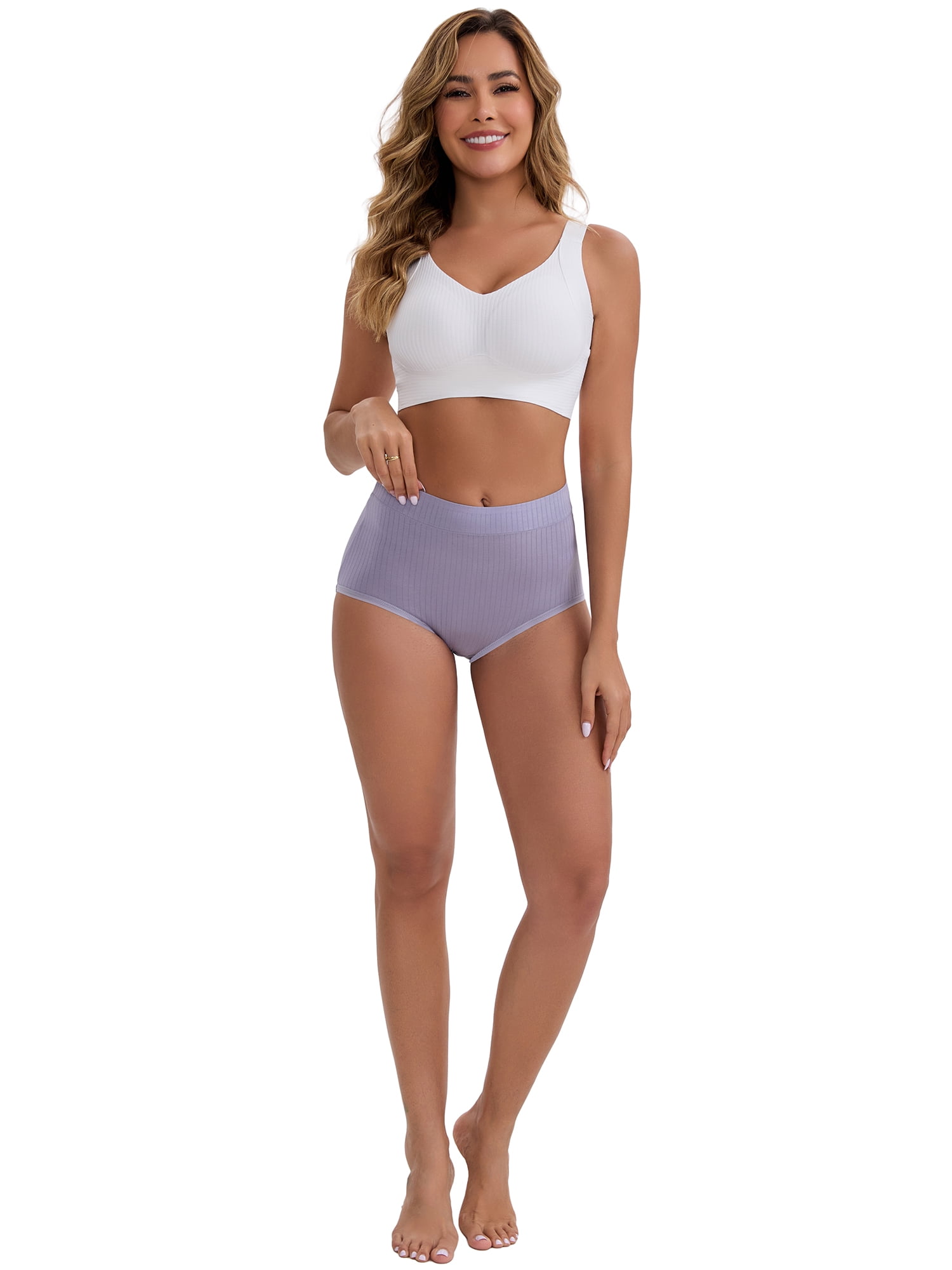 DARING DIVA Women's High-Waisted Cotton Underwear Briefs 3 Pcs L Purple, Pink, Gray