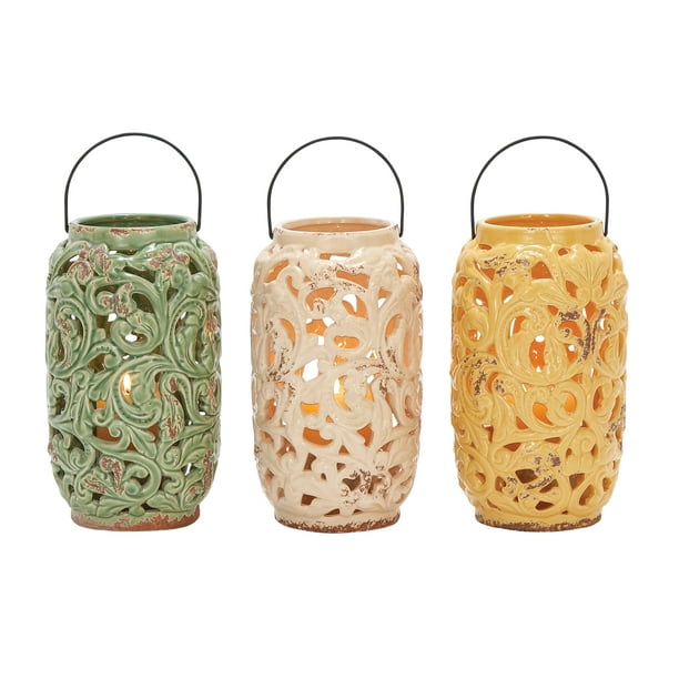 Decmode Stoneware Lantern Candle Holder Set Of 3 Walmart Com Walmart Com