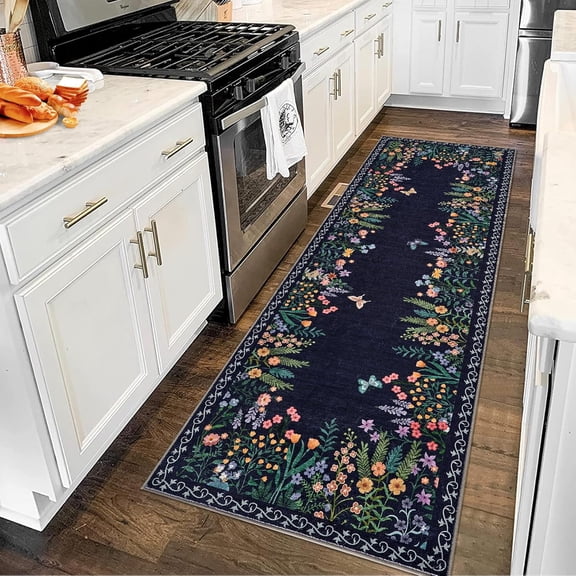 2x6 Washable Botanical Runner Rug, Soft Non Slip Ultra Thin Low Pile Carpet for Hallway Entryway Kitchen Bedroom,blue